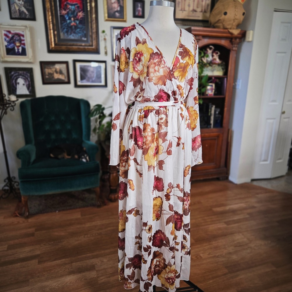 Alexa B Nites Womens Maxi Dress Floral‎ Print Long Sleeve Fall Autumn V Neck 20W
